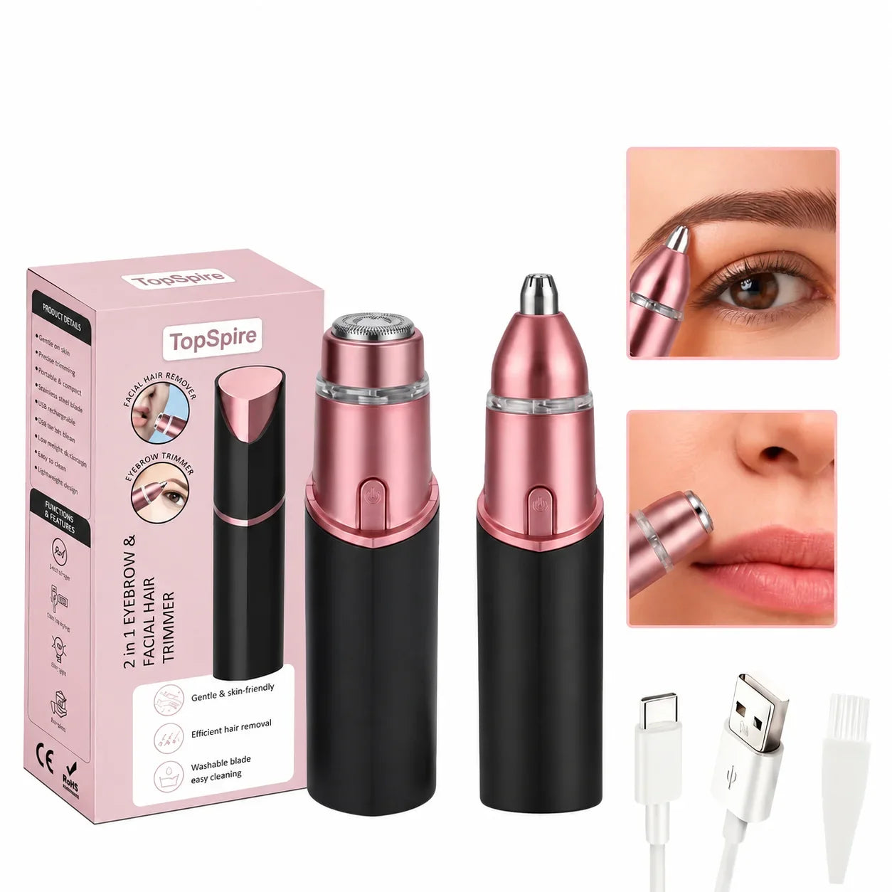 TopSpire 2 in 1 Facial & Eyebrow Hair Trimmer - Pain-Free Hair Removal In Seconds